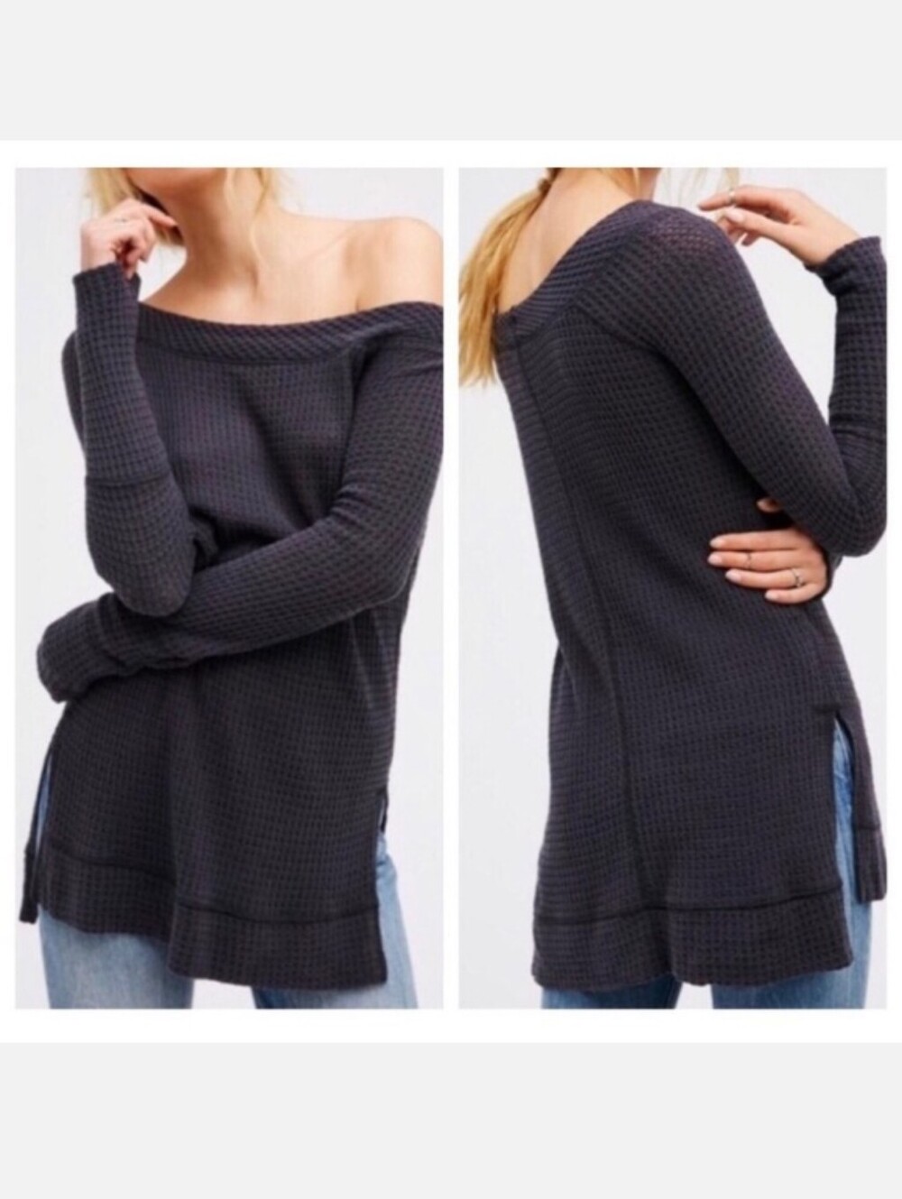 Free People We The Free Kate Thermal Off Shoulder Navy Blue Gray Modal Medium